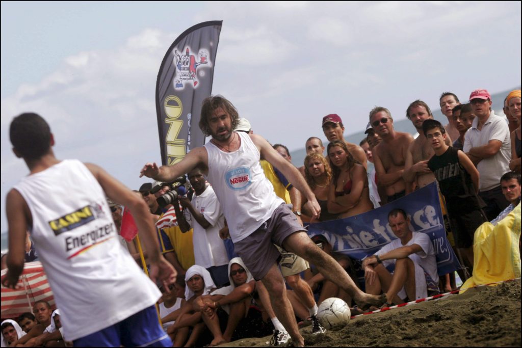 Eric Cantona taking part in the first edition of Nestle tour beach soccer in La Reunion France On March 28, 2005-