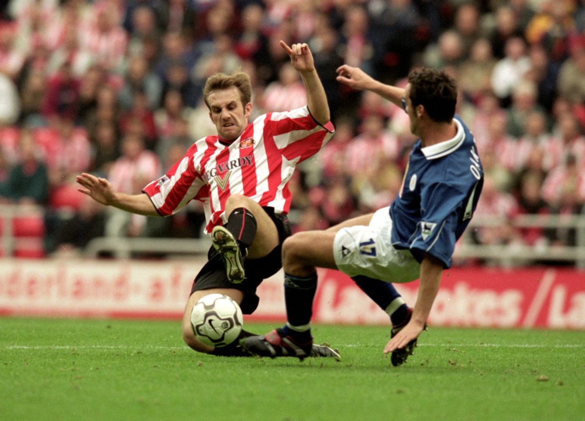 1 Oct 2000: Darren Williams of Sunderland slides in with Stefan Oakes of Leicester City during the FA Carling Premiership match at the Stadium of ...