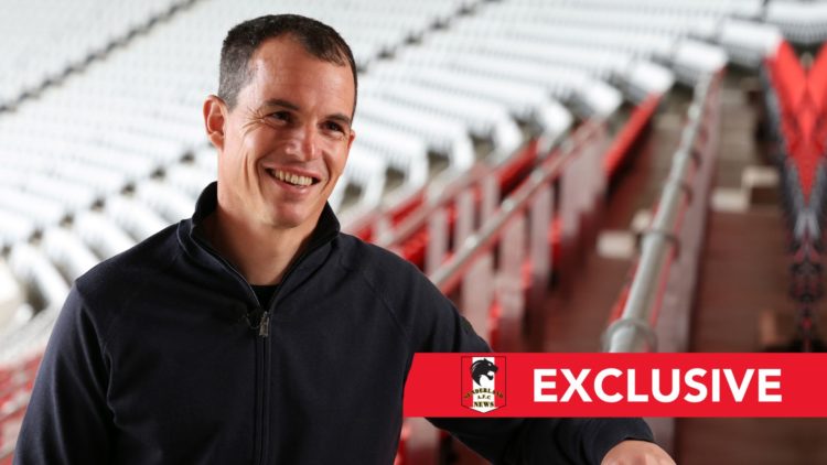 New Sunderland head coach Regis Le Bris pictured at The Stadium of Light. Overlaid, an exclusive banner.