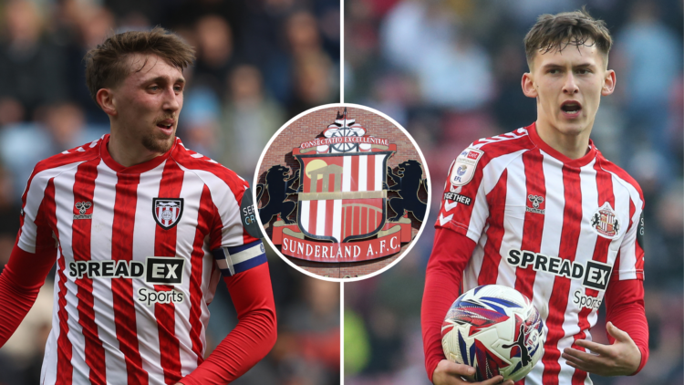 Split image of Sunderland's Dan Neil and Chris Rigg. Inset, Sunderland badge.