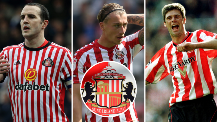 Three-way split image of John O'Shea, Jack Clarke, Niall Quinn. Inset, Sunderland badge.