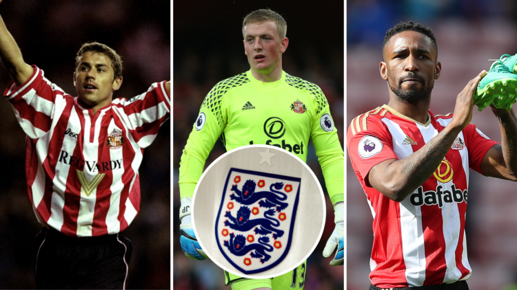 Three-way split image of Kevin Phillips, Jordan Pickford, and Jermain Defoe representing Sunderland. Inset, England badge.