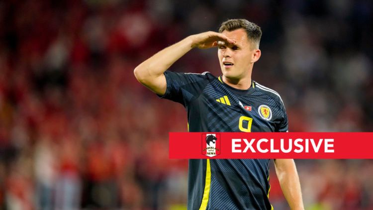 Scotland striker Lawrence Shankland. Overlaid, exclusive branding.