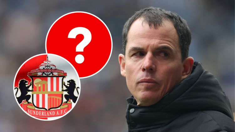 Sunderland manager Regis Le Bris. Inset, Sunderland badge, and a question mark graphic.