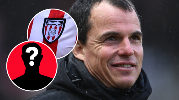 Sunderland manager Regis Le Bris. Inset, Sunderland badge, and mystery player graphic.