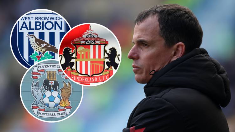 Sunderland manager Regis Le Bris. Inset, Sunderland, West Brom, and Coventry badges.