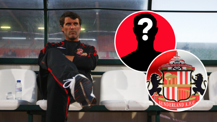 Sunderland manager Roy Keane. Inset, Sunderland badge and mystery player graphic.