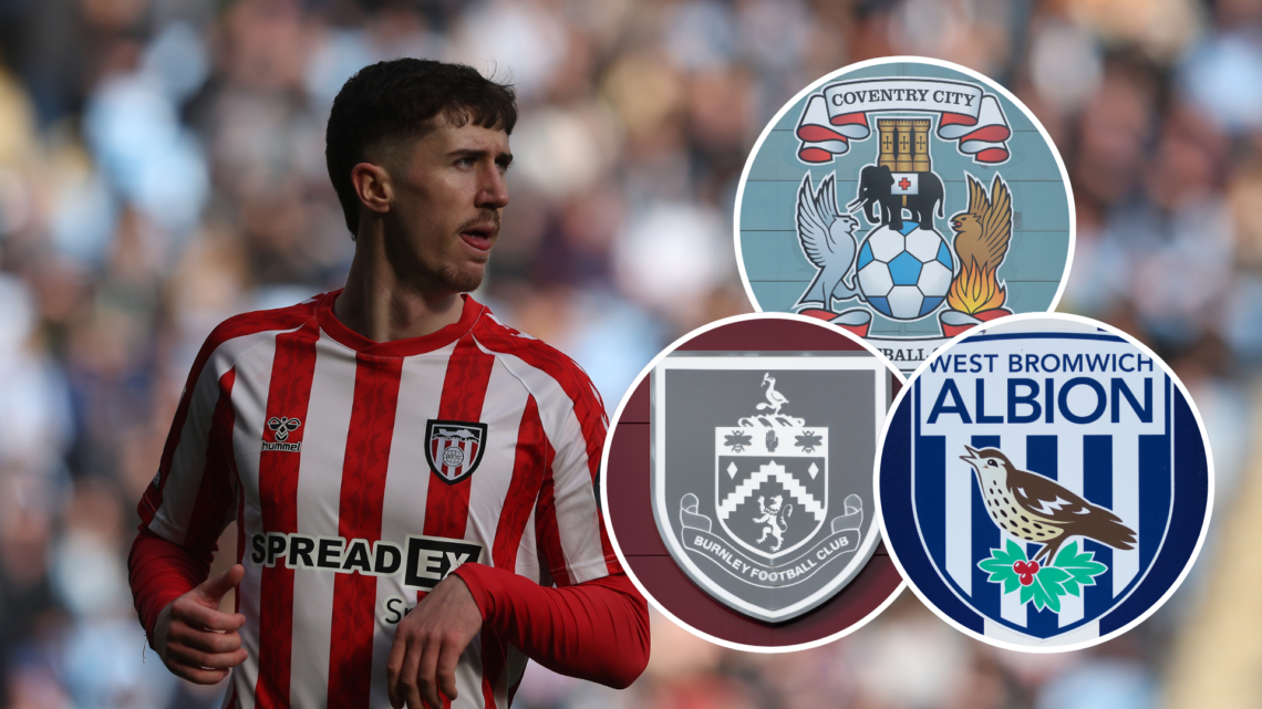 Sunderland's Trai Hume. Inset, West Brom, Burnley, and Coventry City badges.