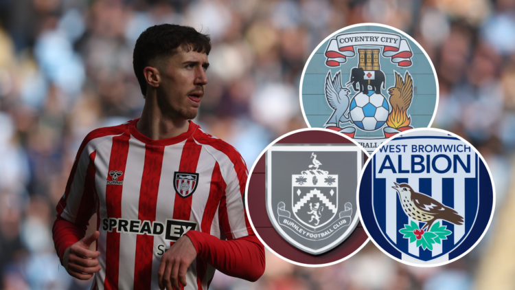 Sunderland's Trai Hume. Inset, West Brom, Burnley, and Coventry City badges.