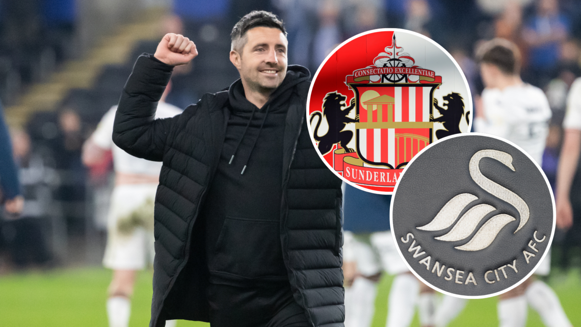 Swansea City manager Alan Sheehan. Inset, Swansea City badge and Sunderland badge.
