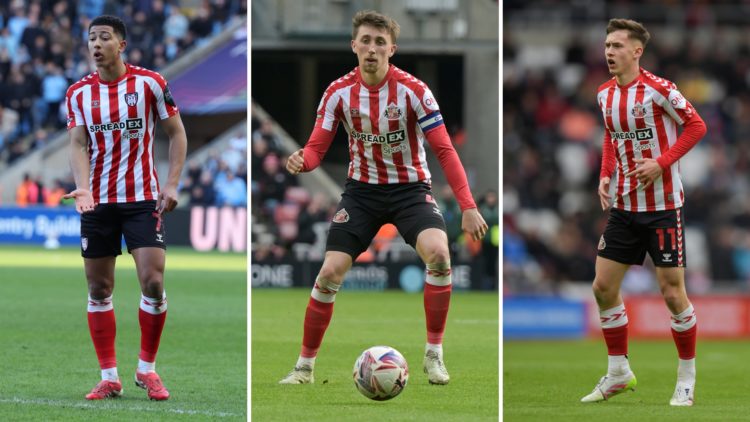 Split image of Jobe Bellingham of Sunderland runs with the ball during the Sky Bet Championship match between Coventry City FC and Sunderland AFC a...