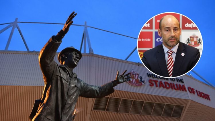 The statue of Bob Stokoe, manager of Sunderland. Inset: Martin Bain, SAFC CEO attends a Press conference.