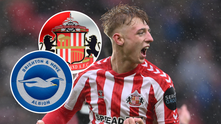 Sunderland's Tommy Watson. Inset, Sunderland badge and Brighton & Hove Albion badge.