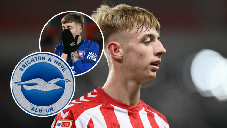 Sunderland's Tommy Watson. Inset, Jack Clarke and the Brighton and Hove Albion badge.