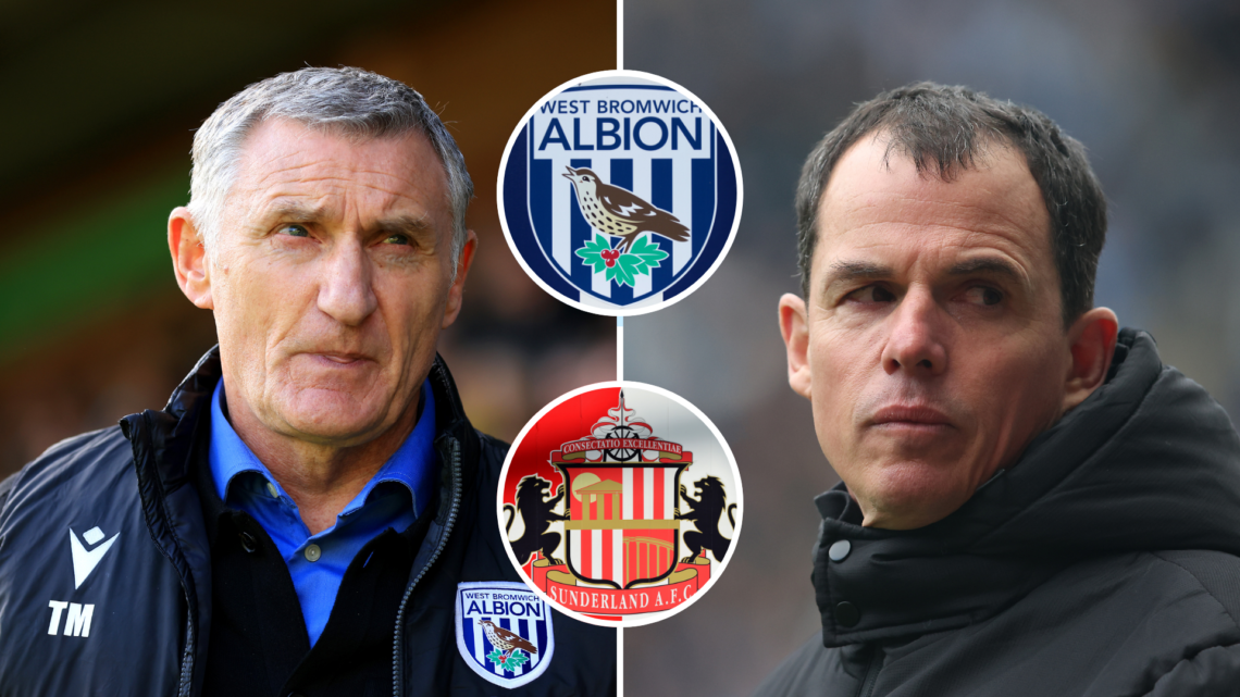 Split image of Tony Mowbray and Regis Le Bris. Inset, West Brom badge and Sunderland badge.